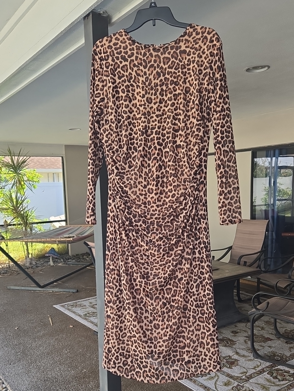 Leopard Print Long Sleeve Ruched Midi Dress - Brown